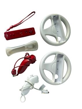 Nintendo Wii Controller Bundle Red Remote Nunchuk 2 Wheels Motion Plus